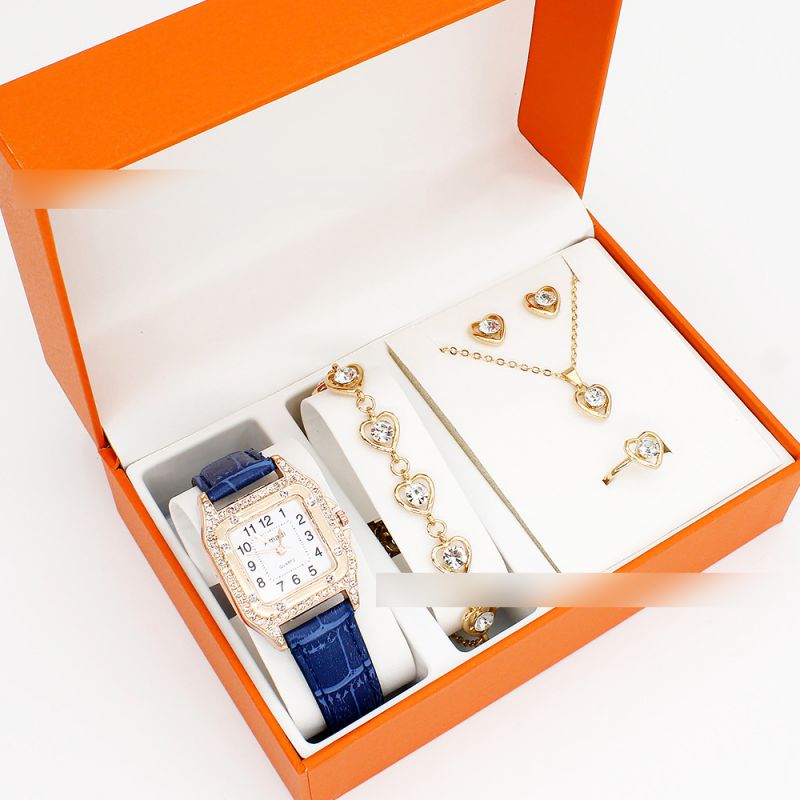 Fashion Blue Watch + Love Bracelet Earrings Necklace Ring + Box Stainless Steel Square Watch Bracelet Necklace Earrings Ring Set,Ladies Watches