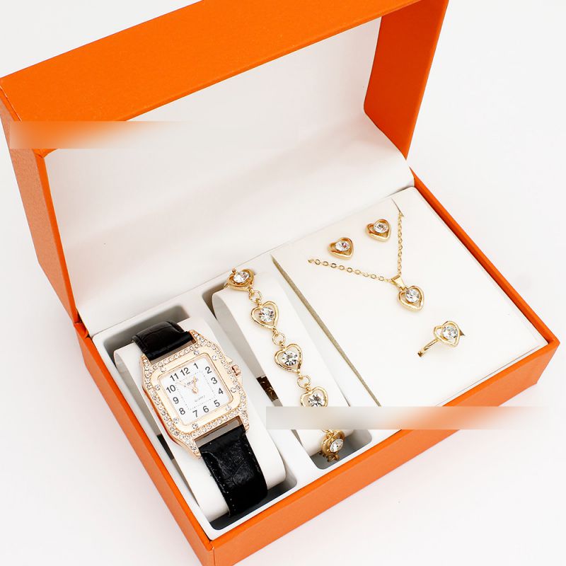 Fashion White Watch + Love Bracelet Earrings Necklace Ring + Box Stainless Steel Square Watch Bracelet Necklace Earrings Ring Set,Ladies Watches