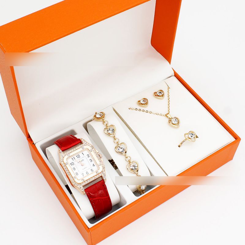 Fashion Red Watch + Love Bracelet Earrings Necklace Ring + Box Stainless Steel Square Watch Bracelet Necklace Earrings Ring Set,Ladies Watches