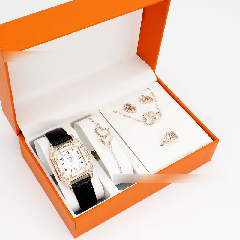 Fashion Blue Watch + Double Heart Bracelet Earrings Necklace Ring + Box Stainless Steel Diamond Watch + Love Bracelet Necklace Earrings Ring Set,Ladies Watches