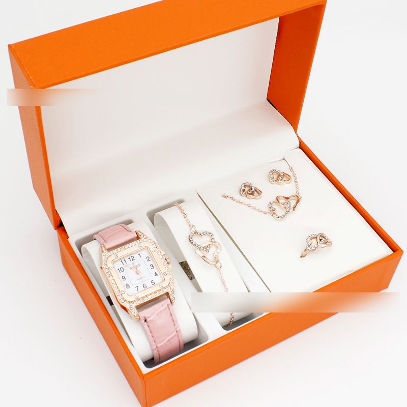 Fashion White Watch + Double Heart Bracelet Earrings Necklace Ring + Box Stainless Steel Diamond Watch + Love Bracelet Necklace Earrings Ring Set,Ladies Watches