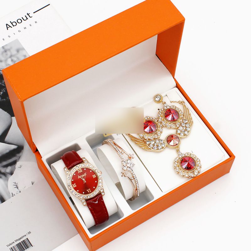 Fashion Red Watch + Bracelet + Wing Necklace + Earrings + Box Stainless Steel Diamond Round Watch Bracelet Necklace Earrings Ring Set,Ladies Watches