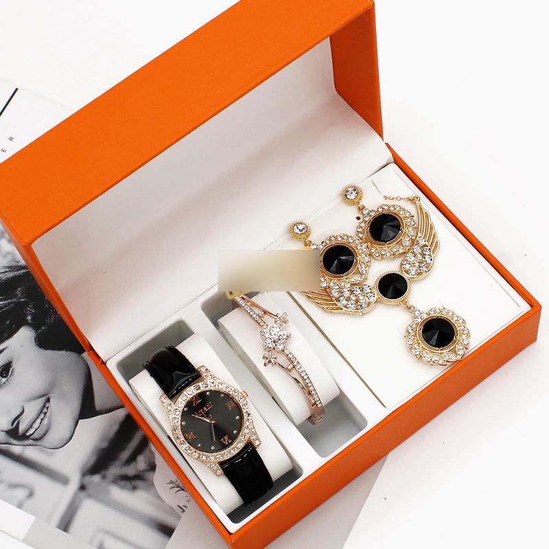 Fashion Black Watch + Bracelet + Wing Necklace + Earrings + Box Stainless Steel Diamond Round Watch Bracelet Necklace Earrings Ring Set,Ladies Watches