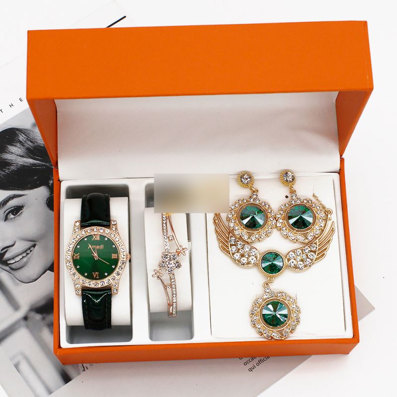 Fashion Black Watch + Bracelet + Wing Necklace + Earrings + Box Stainless Steel Diamond Round Watch Bracelet Necklace Earrings Ring Set,Ladies Watches