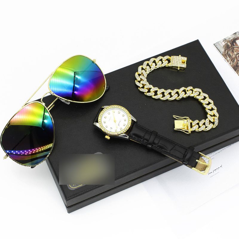 Fashion White Watch + Colorful Sunglasses + Gold Bracelet + Gift Box Stainless Steel Round Watch Double Bridge Sunglasses Chain Bracelet Mens Set,Men