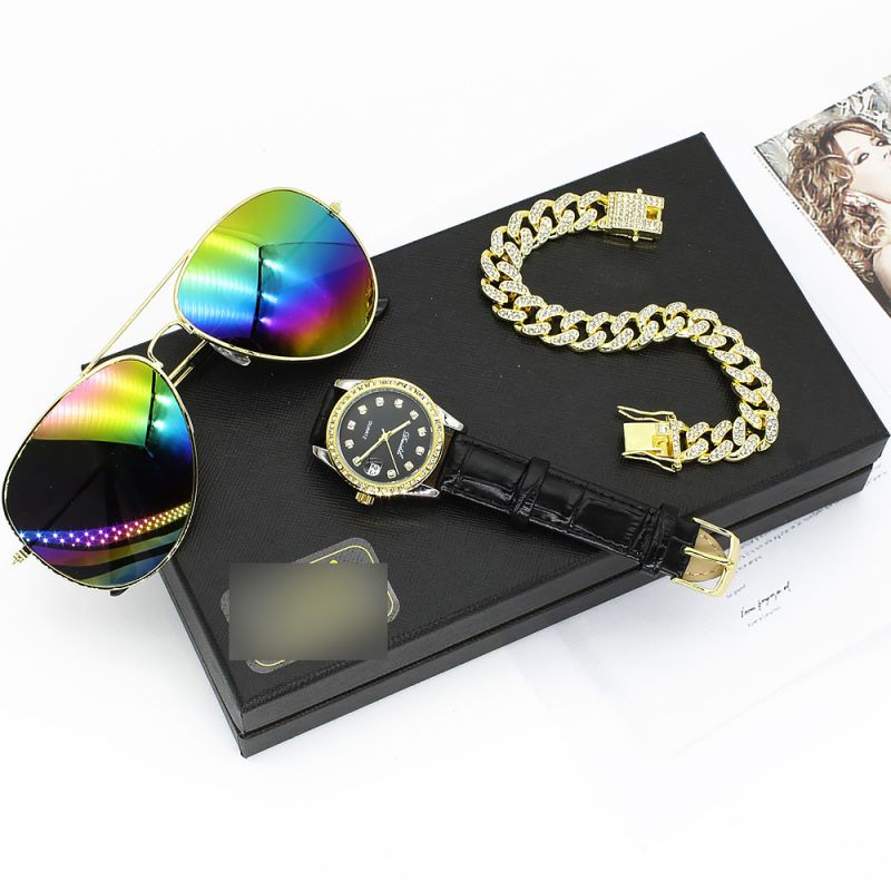 Fashion White Watch + Colorful Sunglasses + Gold Bracelet + Gift Box Stainless Steel Round Watch Double Bridge Sunglasses Chain Bracelet Mens Set,Men