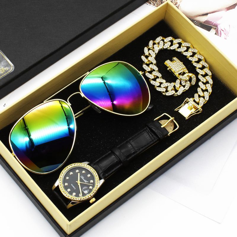 Fashion White Watch + Gold Bracelet + Gift Box Stainless Steel Round Watch Chain Bracelet Mens Set,Men