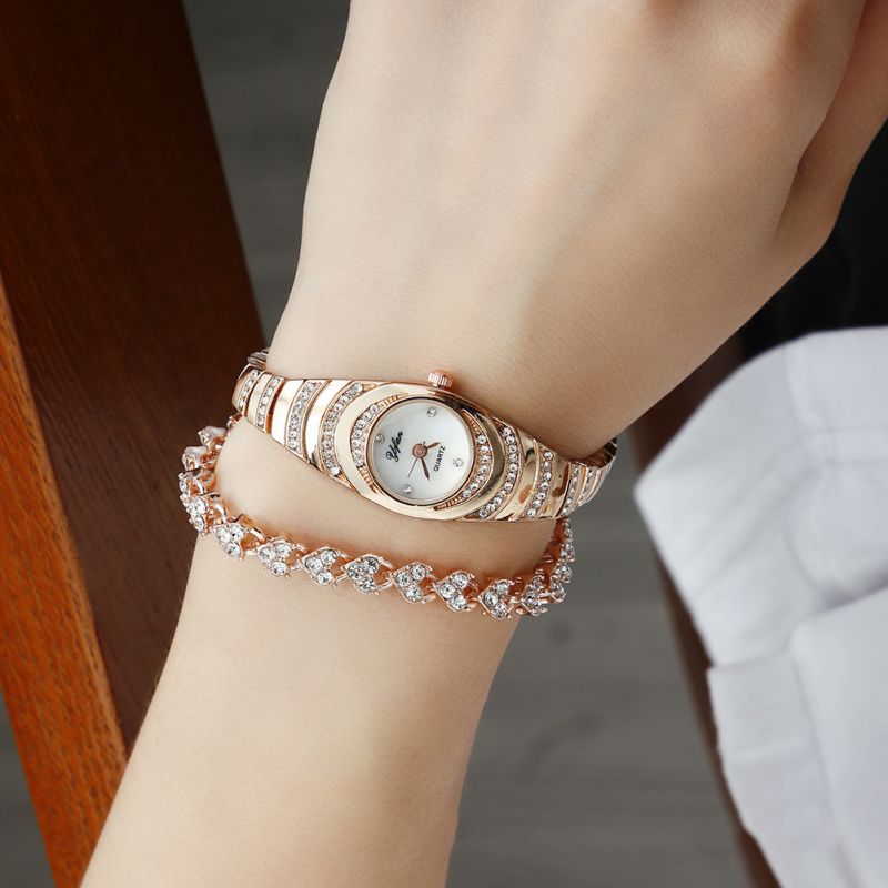 Fashion Rose Gold Watch + Rose Gold Ribs Bracelet + Box Stainless Steel Diamond Round Watch Bracelet Set,Ladies Watches
