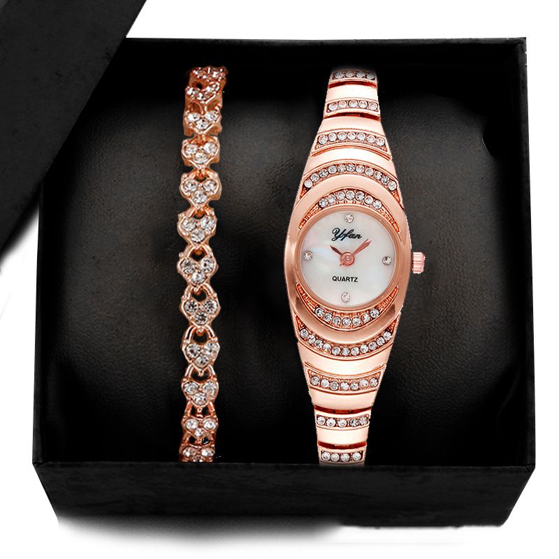 Fashion Rose Gold Watch + Rose Gold Ribs Bracelet + Box Stainless Steel Diamond Round Watch Bracelet Set,Ladies Watches