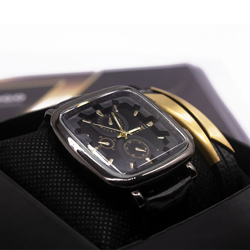 Fashion Engraved Gold Watch + Engraved Bracelet + Box Stainless Steel Square Watch Bracelet Mens Set,Men