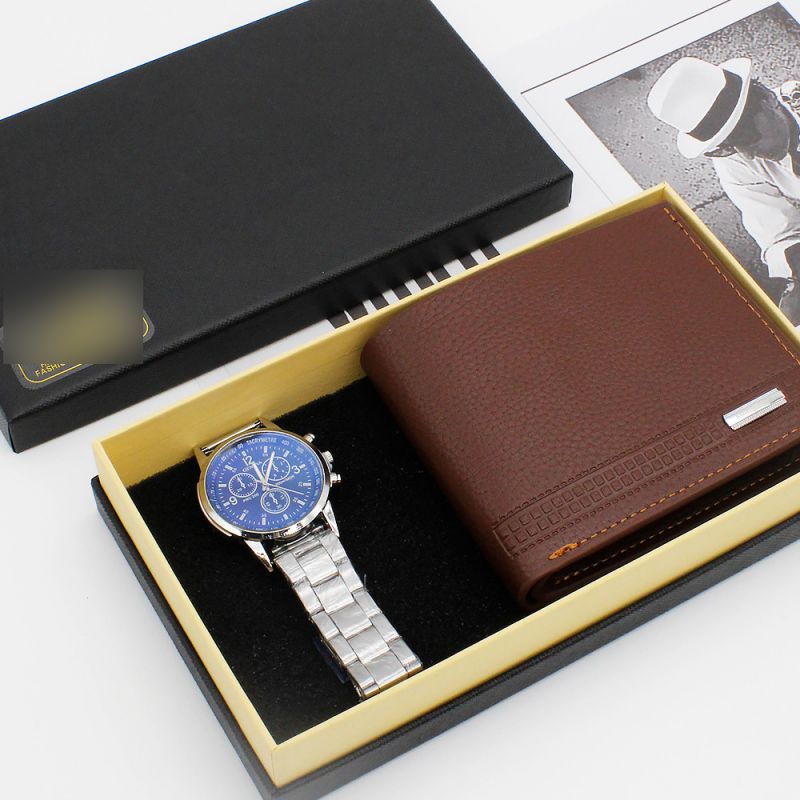 Fashion White Silver Watch + Brown Wallet + Gift Box Stainless Steel Round Watch Wallet Mens Set,Men
