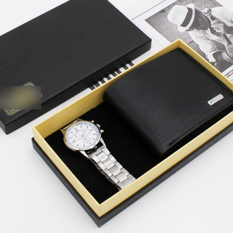 Fashion White Silver Watch + Brown Wallet + Gift Box Stainless Steel Round Watch Wallet Mens Set,Men