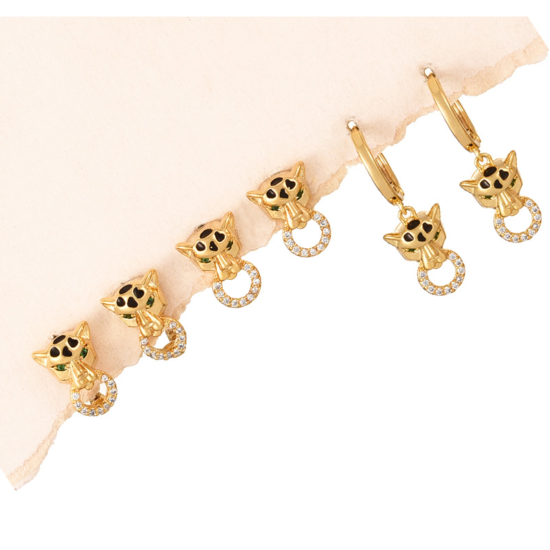 Fashion Gold Copper Inlaid Zircon Oil Dripping Leopard Head Pendant Earrings Set Of 6 Pieces,Earrings