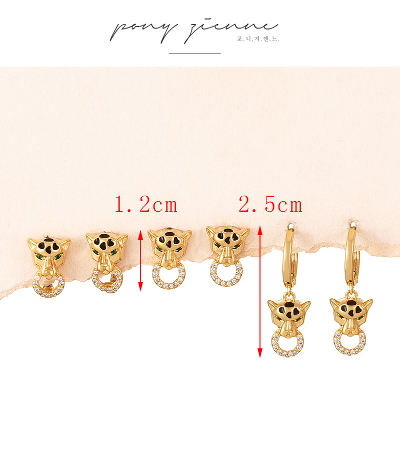 Fashion Gold Copper Inlaid Zircon Oil Dripping Leopard Head Pendant Earrings Set Of 6 Pieces,Earrings