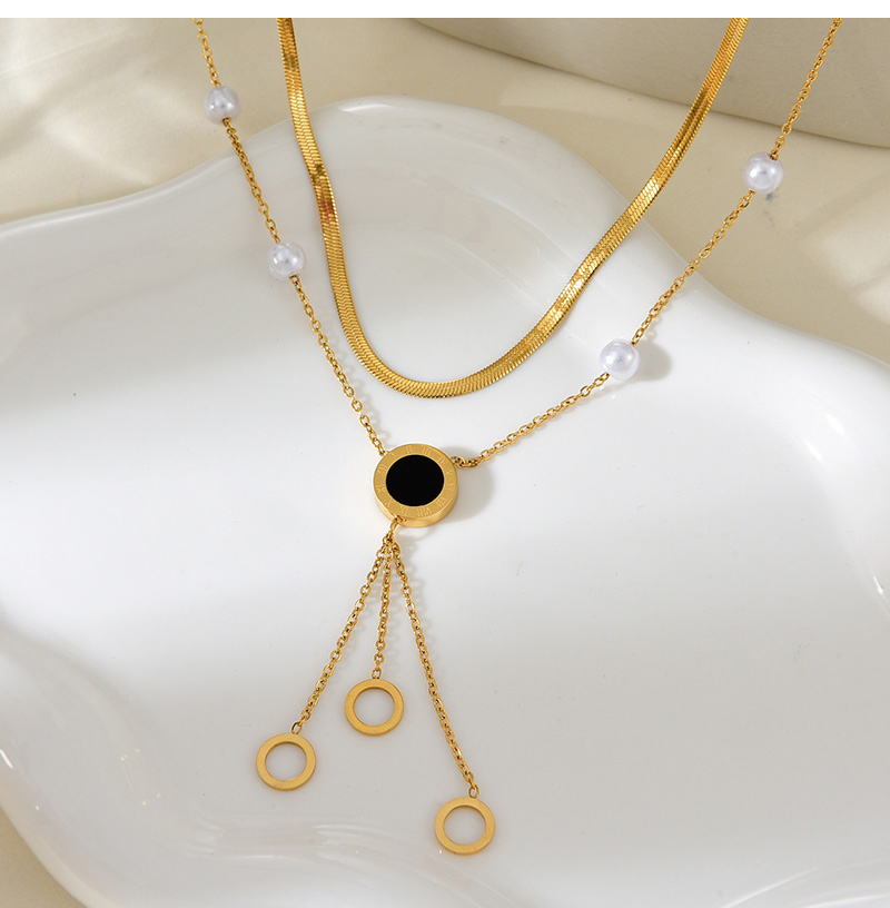 Fashion Black Double Layer Titanium Steel Shell Round Pendant Tassel Pearl Snake Bone Chain Necklace,Necklaces