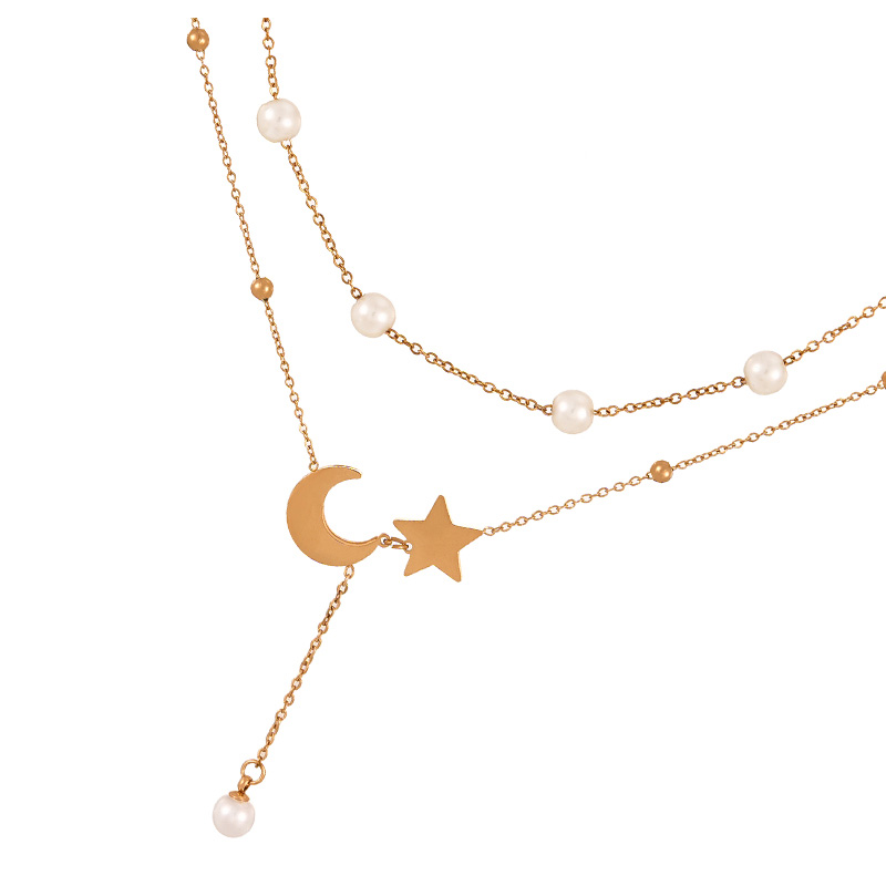 Fashion Gold Double Layer Titanium Steel Moon Star Pendant Chain Pearl Necklace,Necklaces