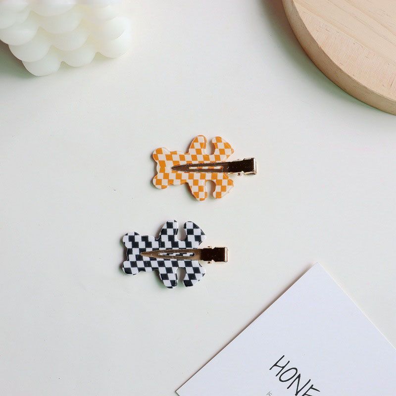 Fashion Orange And White Small Grid (minimum Batch Of 3) Acetate Plaid Bear Hairpin (minimum Batch Of 3),Hairpins