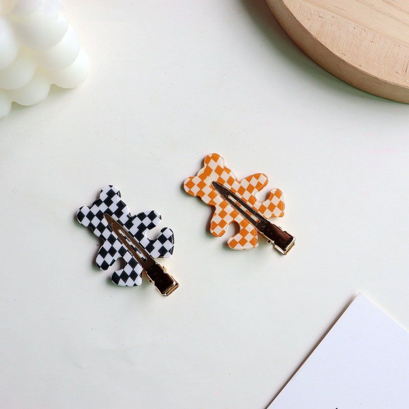 Fashion Orange And White Small Grid (minimum Batch Of 3) Acetate Plaid Bear Hairpin (minimum Batch Of 3),Hairpins