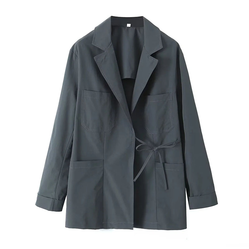 Fashion Dark Gray Polyester Lapel Lace-up Multi-pocket Jacket,Coat-Jacket