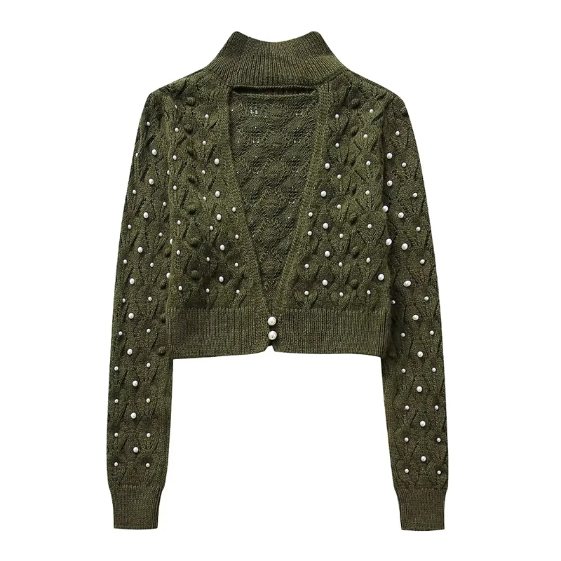 Fashion Green Faux Pearl Embellished Knitted Sweater,Sweater