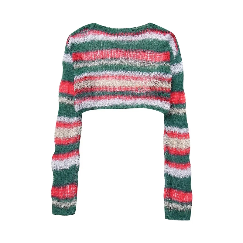 Fashion Red And Green Stripes Striped Knit Top,Sweater