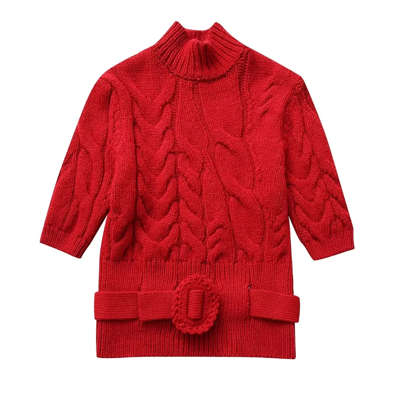Fashion Red Belted Knitted Sweater,Sweater
