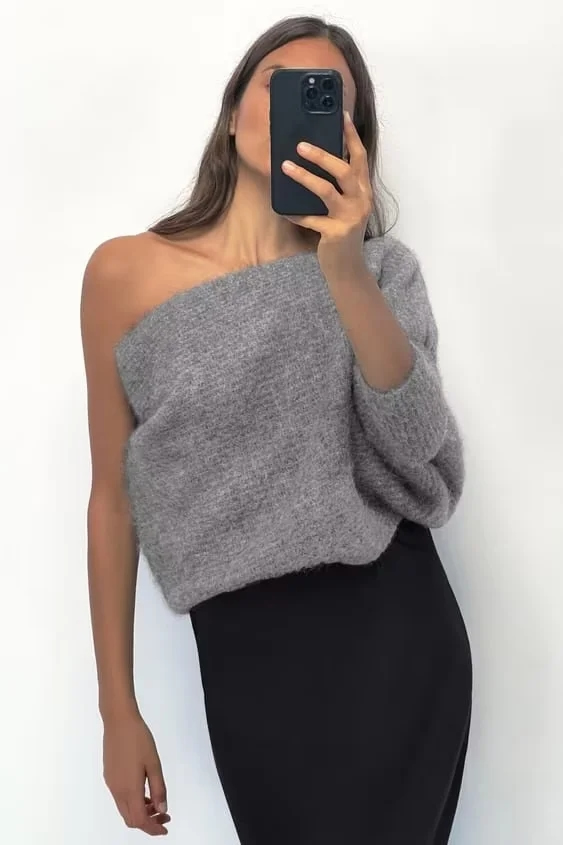 Fashion Black Wool Asymmetrical Knitted Sleeve Sweater,Sweater