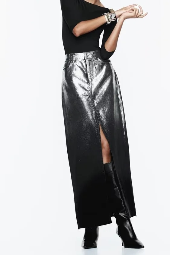 Fashion Silver Metallic Color Block Denim Slit Skirt,Skirts