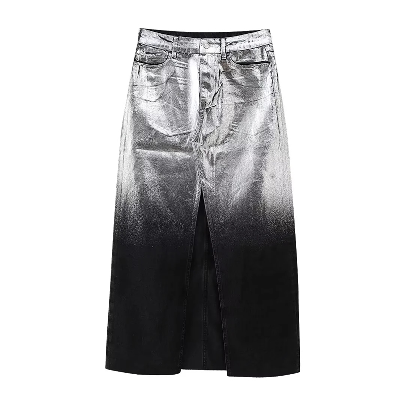 Fashion Silver Metallic Color Block Denim Slit Skirt,Skirts