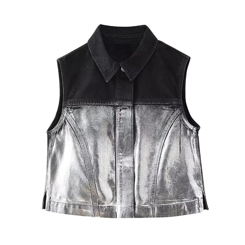 Fashion Silver Metallic Color-block Lapel Buttoned Vest Jacket,Coat-Jacket
