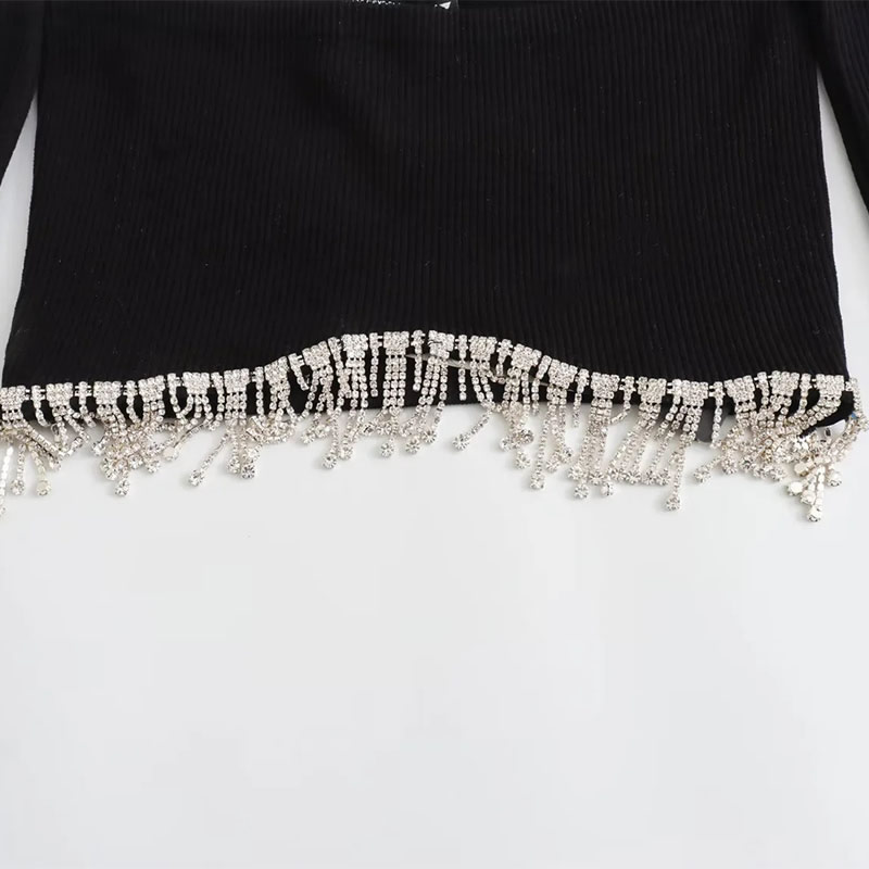 Fashion Black Jewelry-embellished One-shoulder Crop Top,T-shirts
