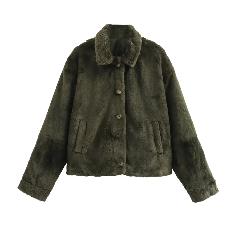 Fashion Green Faux Fur Lapel Buttoned Jacket,Coat-Jacket