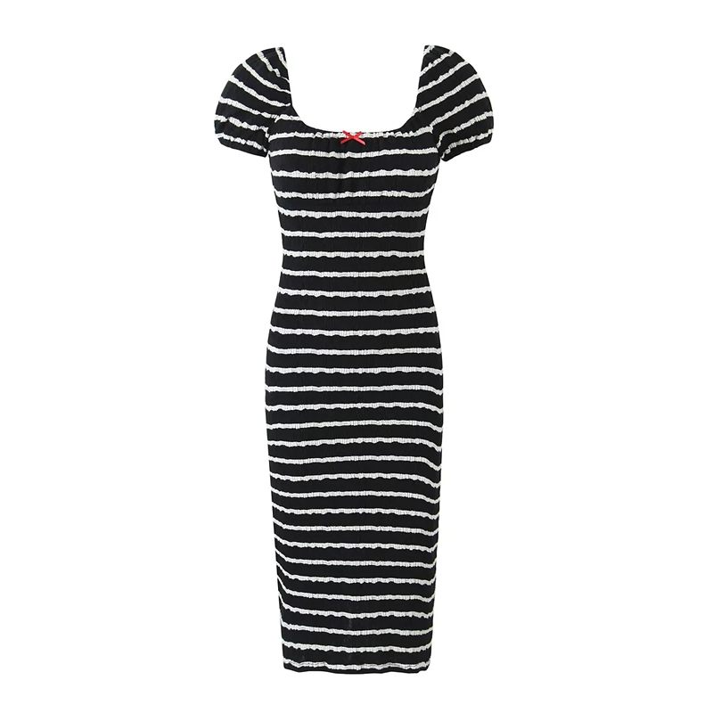 Fashion Black And White Striped Square Neck Long Skirt,Long Dress