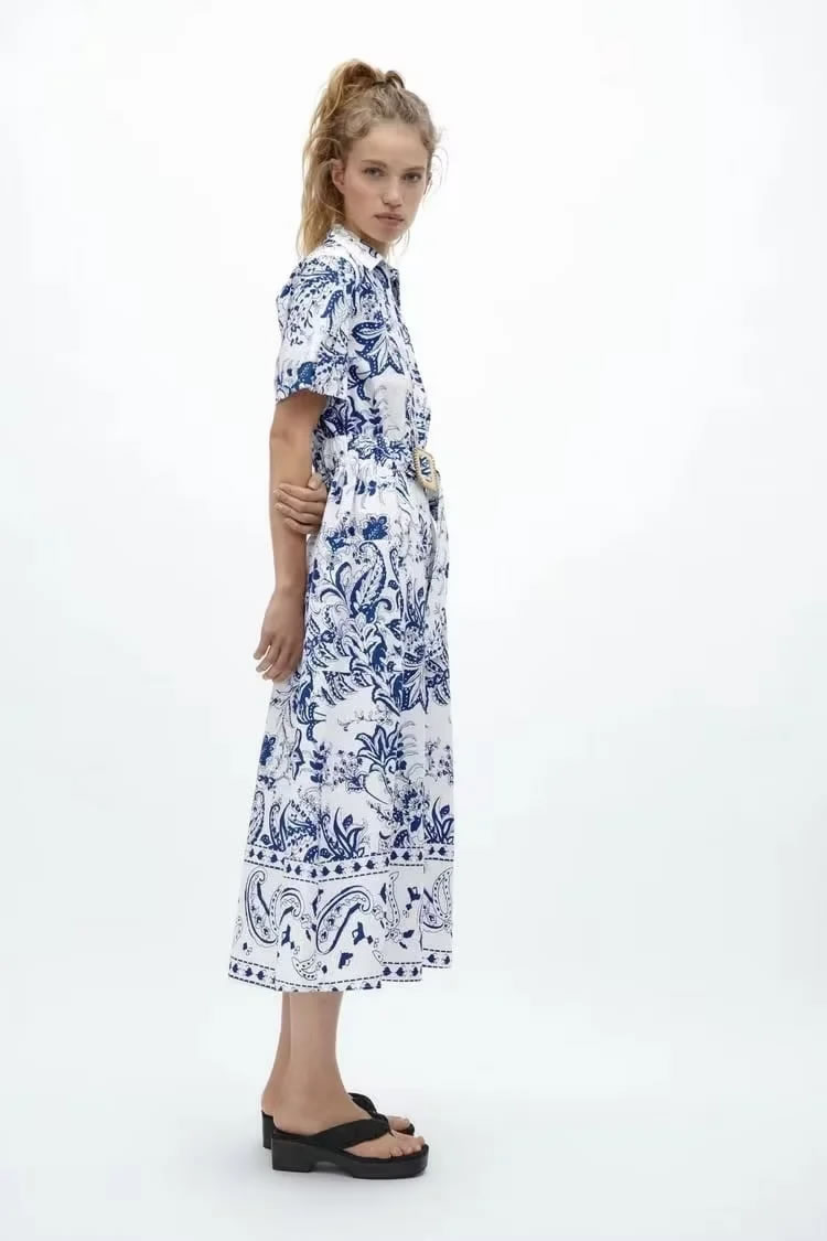 Fashion Color Polyester Printed Lace-up Knee-length Dress,Knee Length