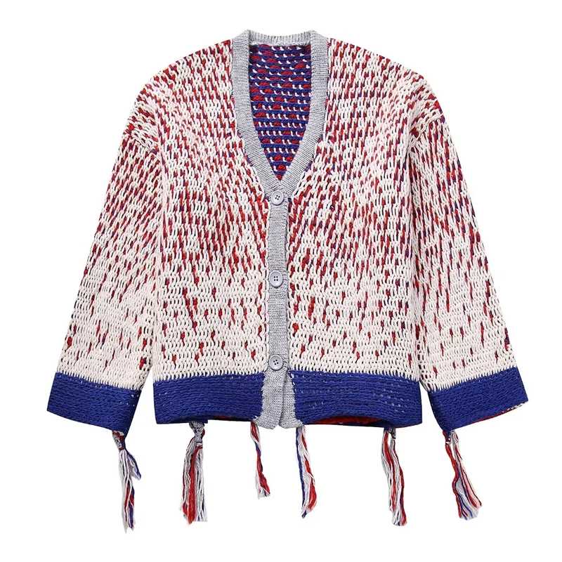 Fashion Red Fringed Knitted Buttoned Jacket,Sweater