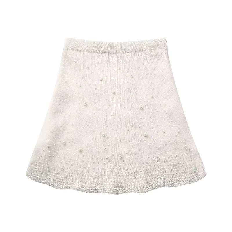 Fashion White Faux Pearl Embellished Knitted Skirt,Skirts