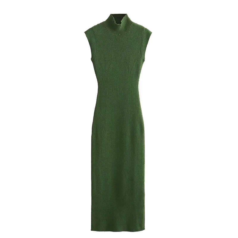 Fashion Green Metallic Knitted Stand Collar Maxi Skirt,Long Dress