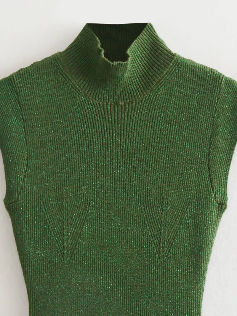 Fashion Green Metallic Knitted Stand Collar Maxi Skirt,Long Dress