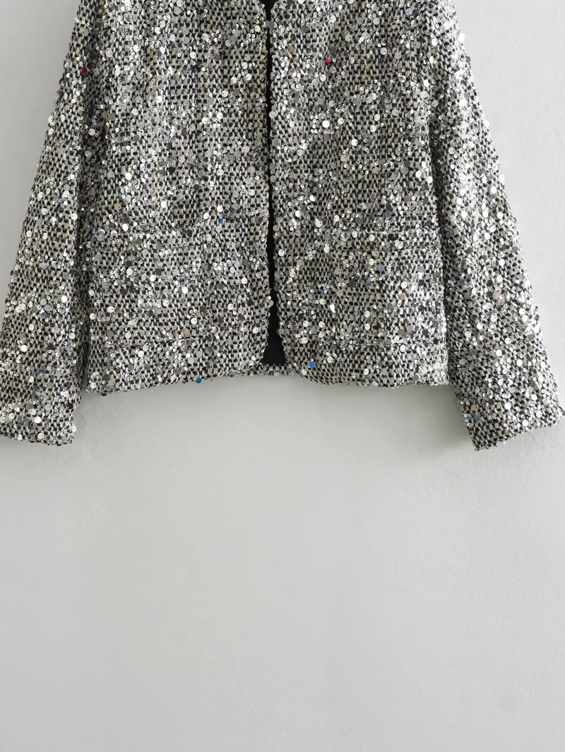Fashion Silver Sequined Slub Jacket,Coat-Jacket