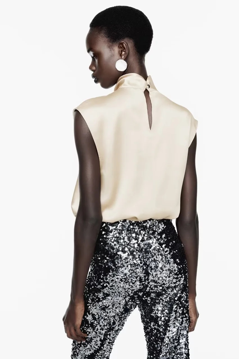 Fashion Khaki Silk-satin Pleated Top,Other Tops