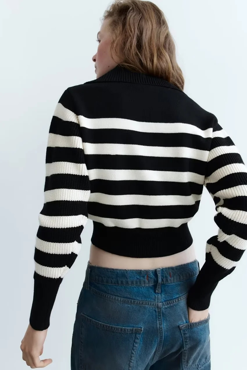 Fashion Navy Stripes Striped Knitted Zip-up Sweater,Sweater