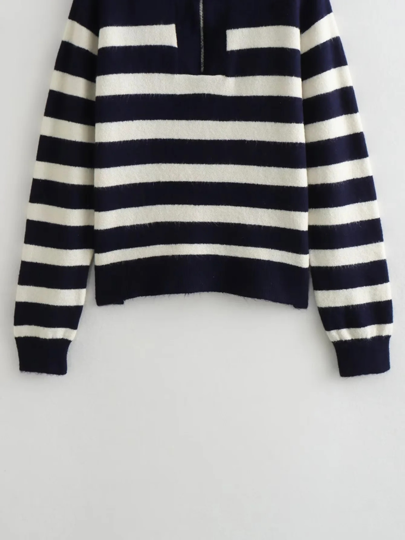 Fashion Navy Stripes Striped Knitted Zip-up Sweater,Sweater