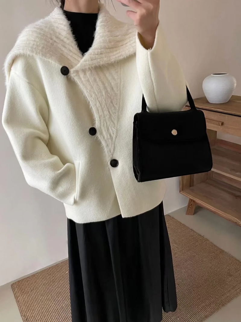 Fashion Black Faux Mink Knitted Jacket With Large Lapel,Coat-Jacket
