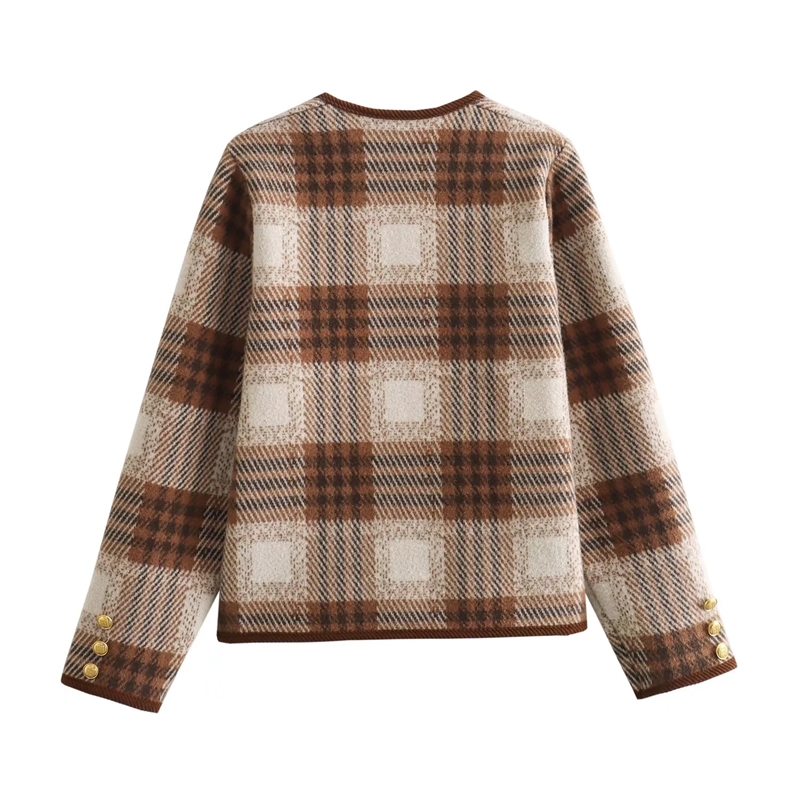 Fashion Brown Plaid Yarn-dyed Plaid Knitted Jacket,Coat-Jacket