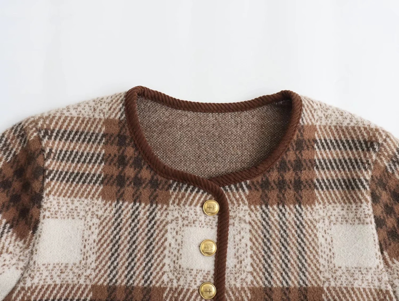 Fashion Brown Plaid Yarn-dyed Plaid Knitted Jacket,Coat-Jacket
