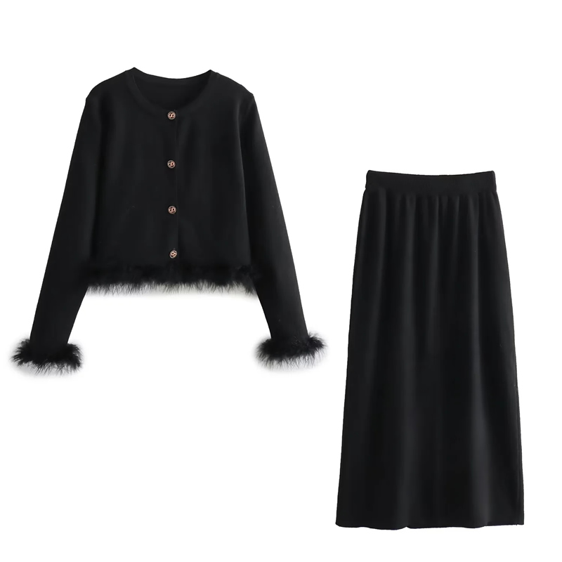 Fashion Huaxing Faux Mink Crew Neck Knitted Jacket And Skirt Suit With Cuffs,Coat-Jacket