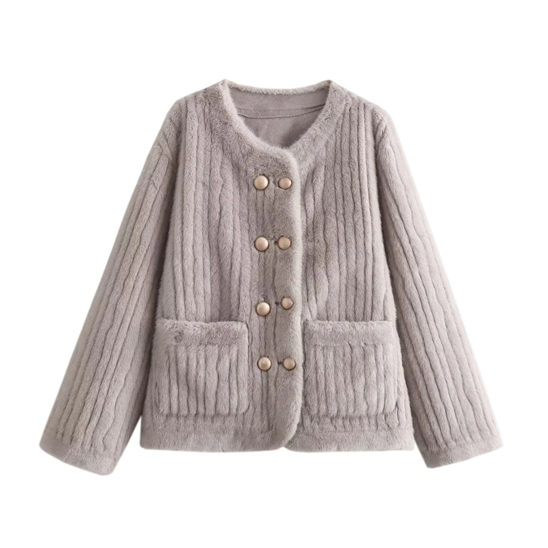 Fashion Grey Imitation Mink Pit Striped Double-breasted Jacket,Coat-Jacket