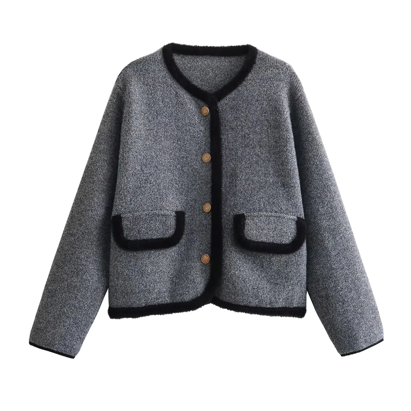 Fashion Grey Crew Neck Paneled Knitted Buttoned Sweater Jacket,Coat-Jacket
