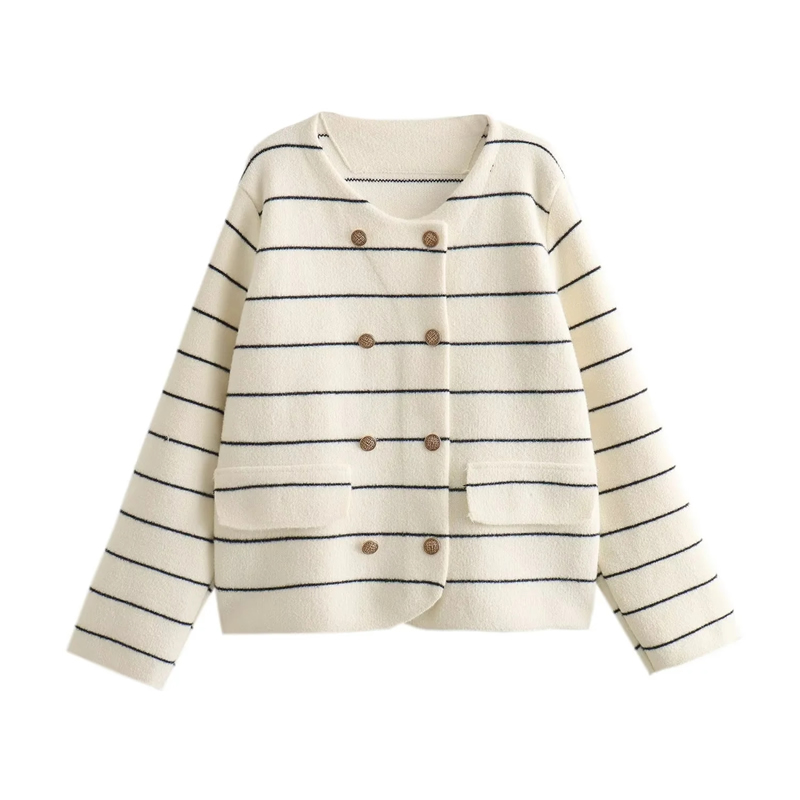 Fashion Beige Striped Crew Neck Double-breasted Knitted Jacket,Coat-Jacket