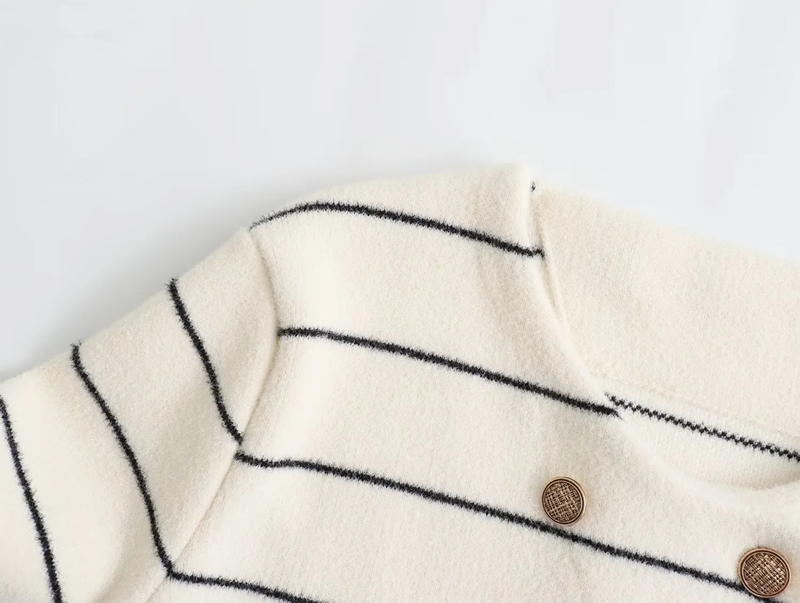 Fashion Beige Striped Crew Neck Double-breasted Knitted Jacket,Coat-Jacket